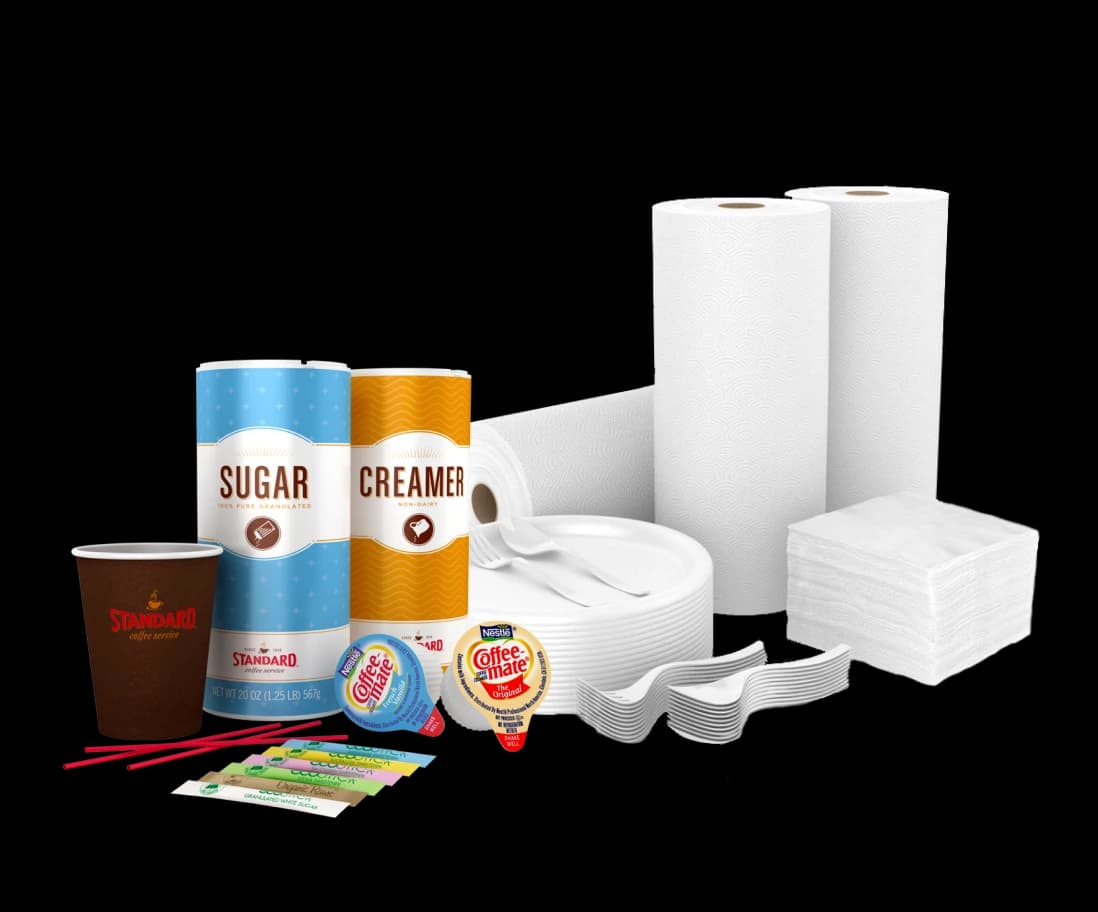 Primo Water Breakroom Supplies including Coffee Cups, Sugar, Coffee Creamer, plastic utensils, and paper plates and towels.
