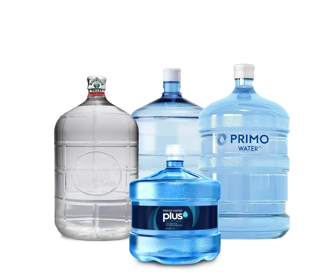 Primo Large Water Bottles including The Mountain Valley, Primo Water 5 Gallons jugs, and Primo Water Plus Alkaine.