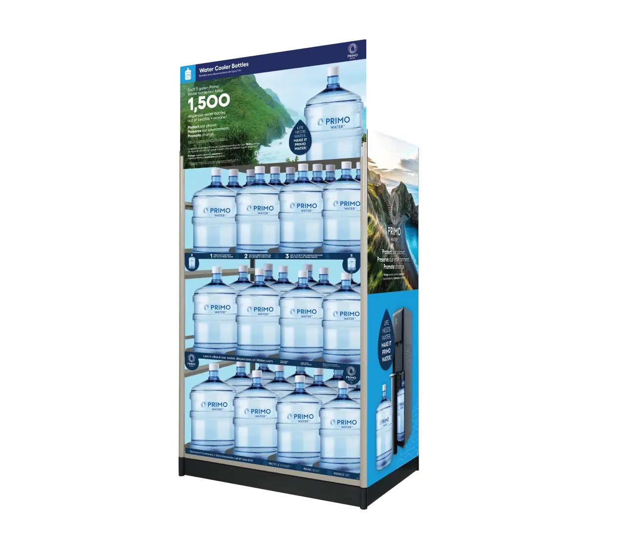 Water station display stand with multiple large bottles of Primo Water® gallon jugs.