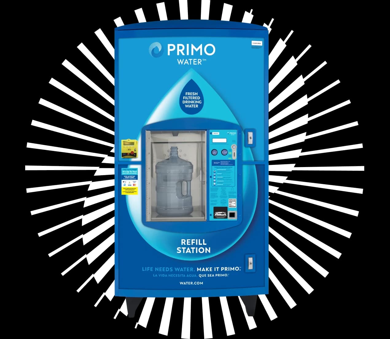 Blue Primo Water® refill station with a large 5 gallon water jug inside being refilled.