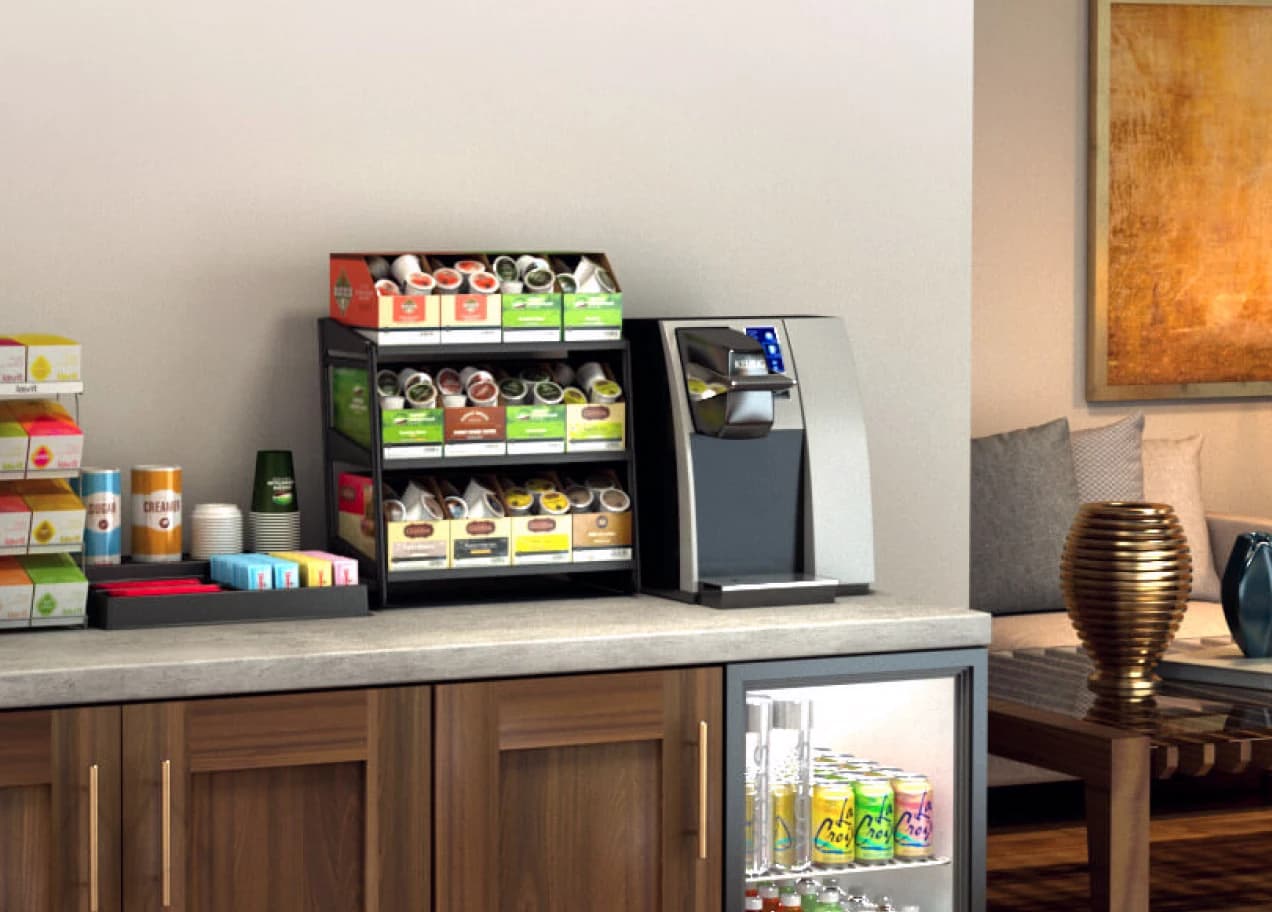 A Hospitality Breakroom stocked by Primo Commercial Services, Coffee and Breakroom Delivery.