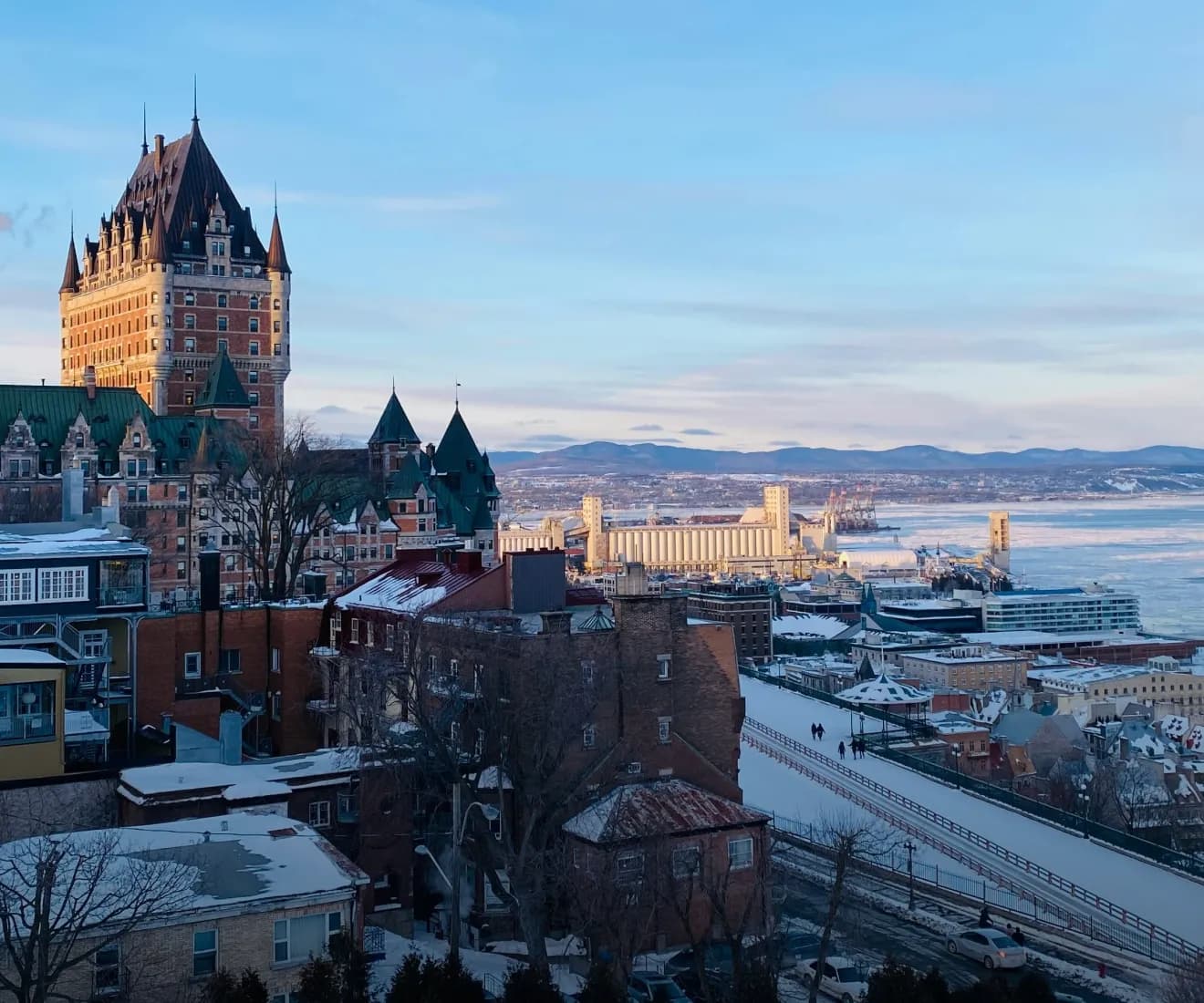 Quebec city in winter overlooking port