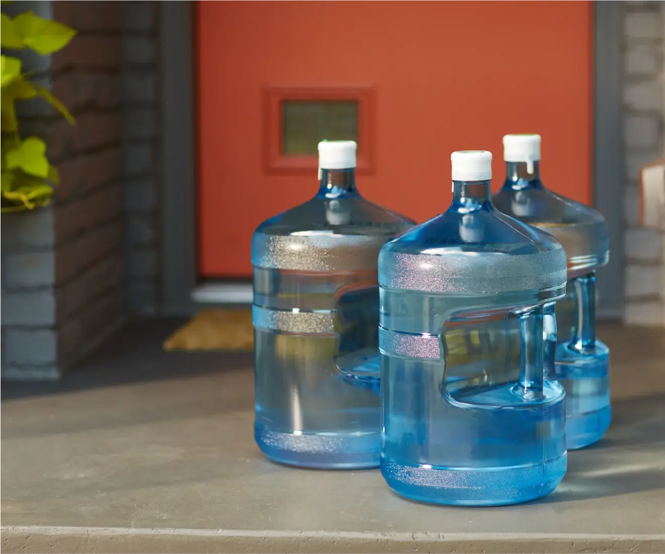 Three Canadian Springs water bottles on a front door step
