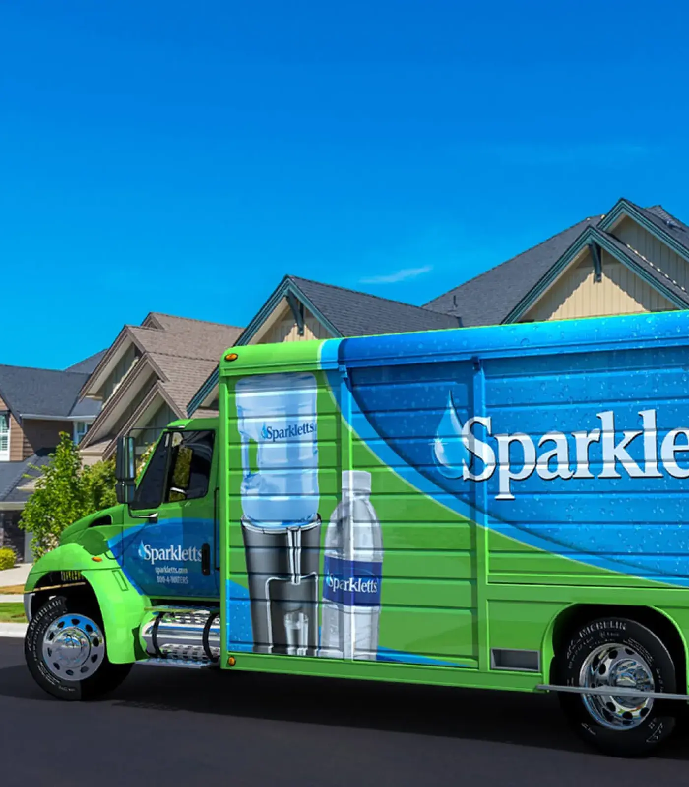 Sparkletts Water Delivery truck delivering in a neighborhood