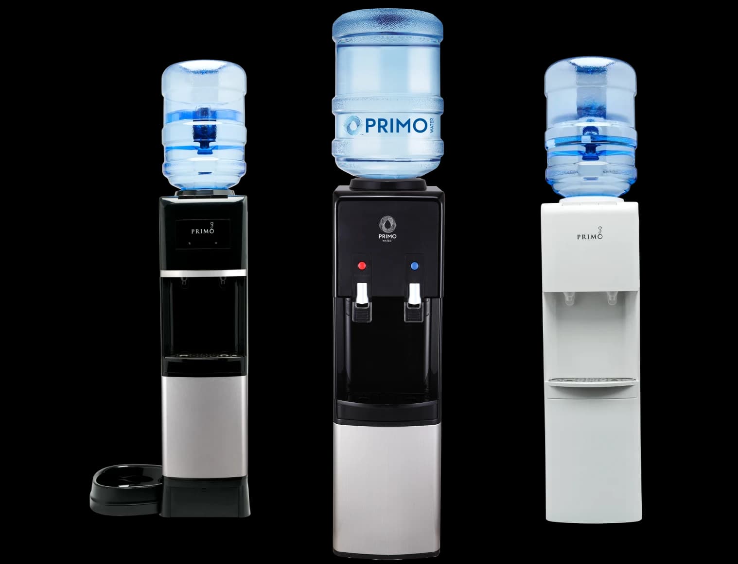Primo Top Loading Water Dispensers in Black and White, including the Deluxe Top Loading Water Dispenser with Pet Station.