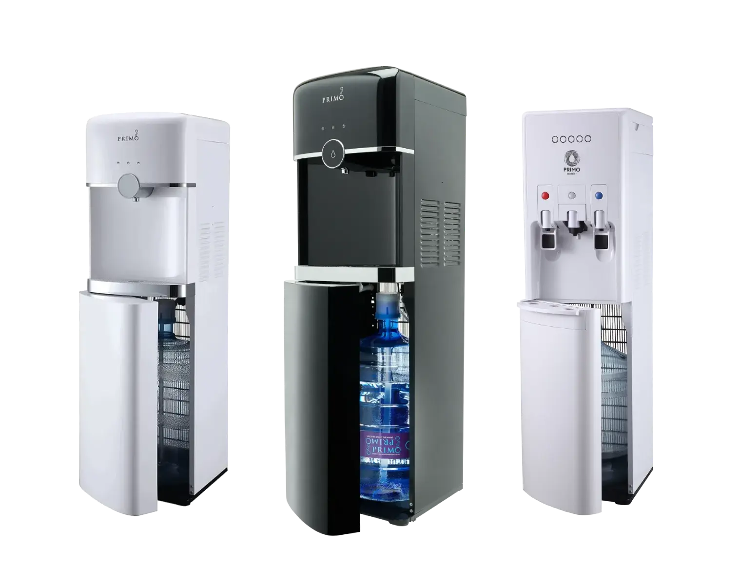 Primo Bottom Loading Water Dispensers in Black and White, including a Smart Touch Deluxe Bottom Loading Water Dispenser.