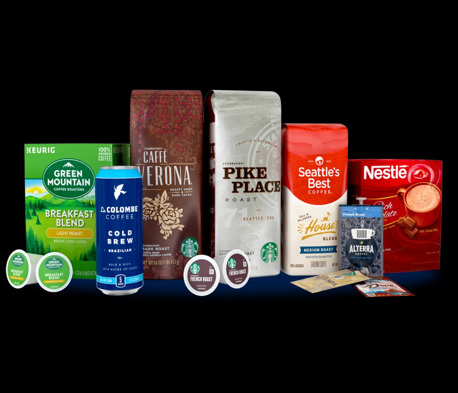 Primo Water Coffee and Tea includes brands  Green Mountain Coffee, Starbucks, Colombe, Alterra, Seattle's Best, and Nestle