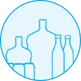 Blue line drawing icon of seven Mountain Valley water delivery bottles in various sizes