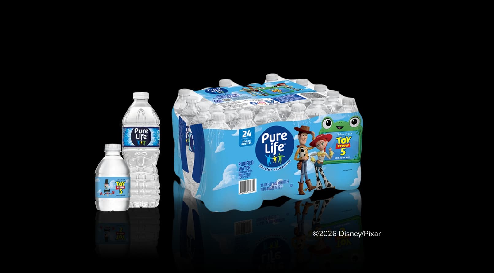 Pure Life Purified Water Bottles with ToyStory 5 packaging
