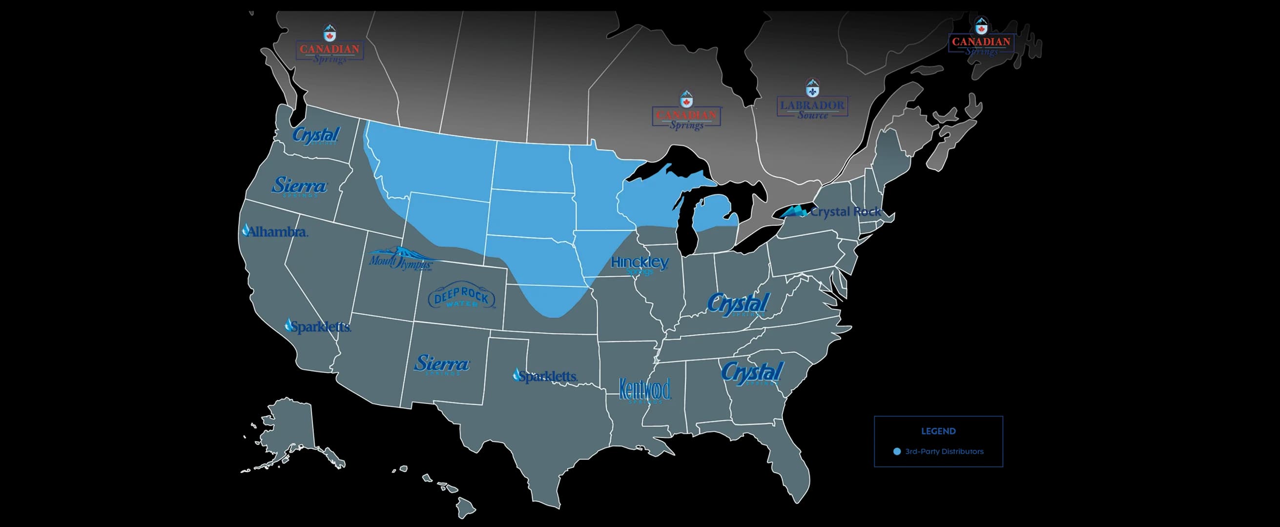 Primo Water regional map with brands over states and provinces across Canada and the United States