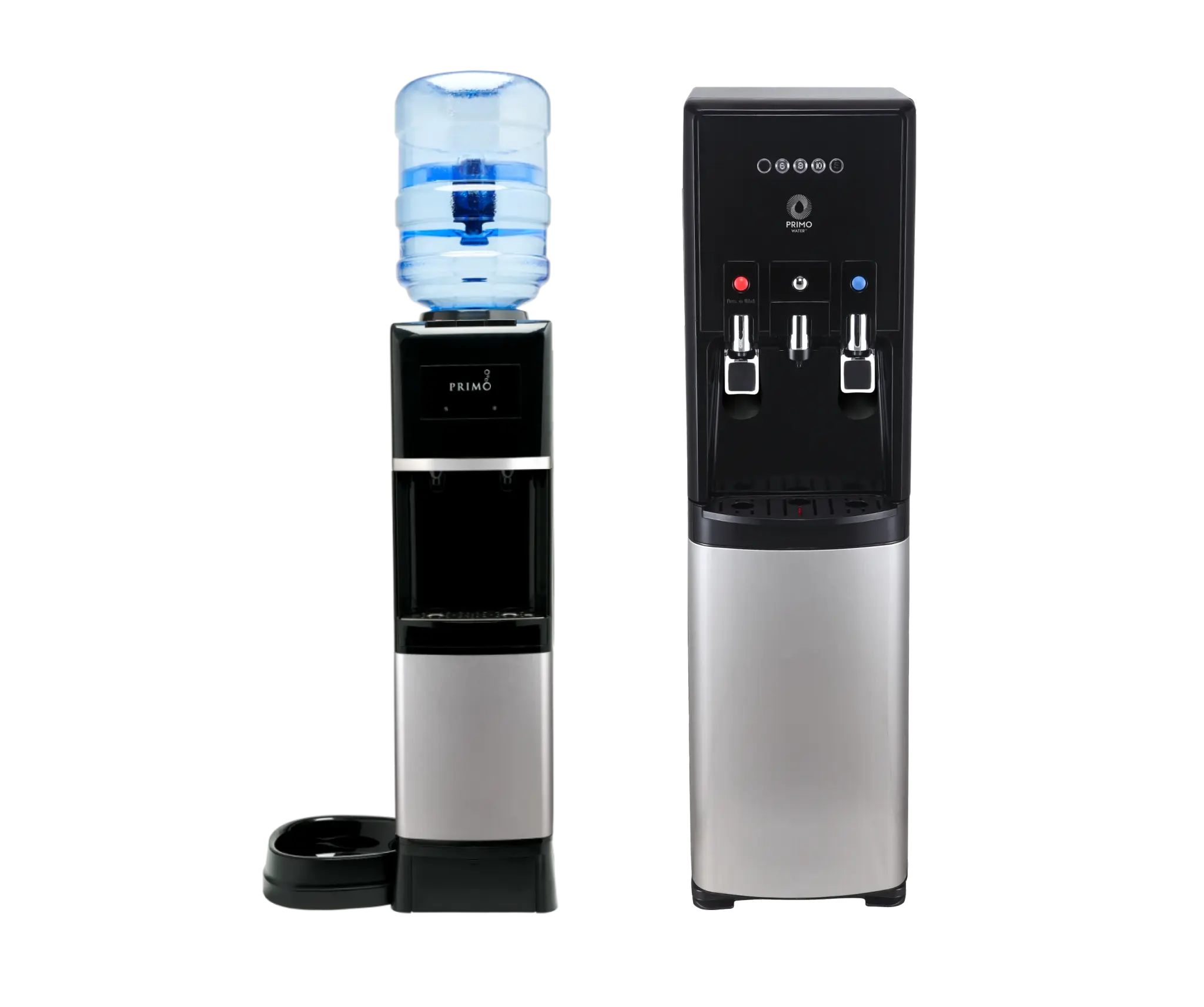 Primo Specialty Water Dispensers including dispensers with pet stations or with a single-serve brewer machine built-in.