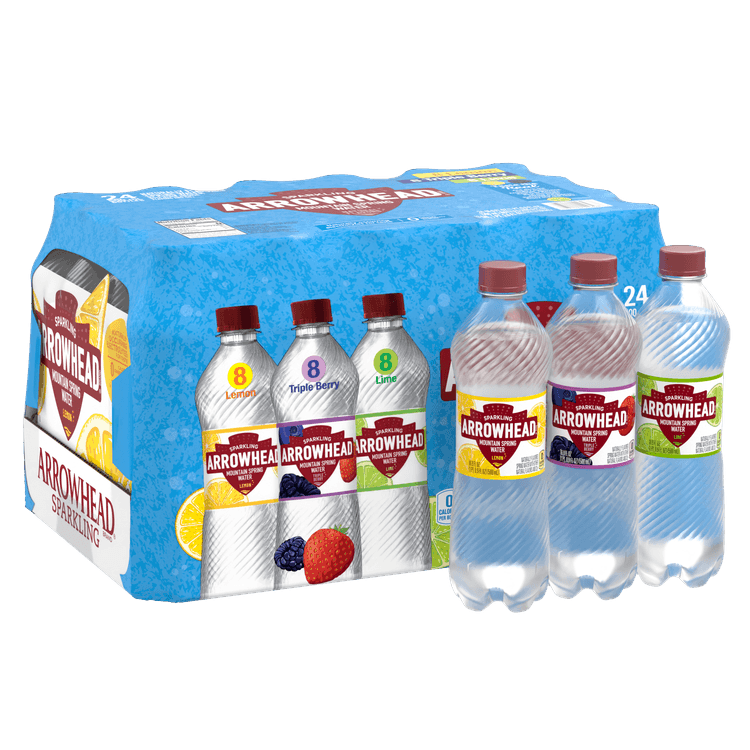 Arrowhead Sparkling Water, Lemon, Triple Berry, and Lime, 16.9 oz. Bottles (Variety Pack of 24)