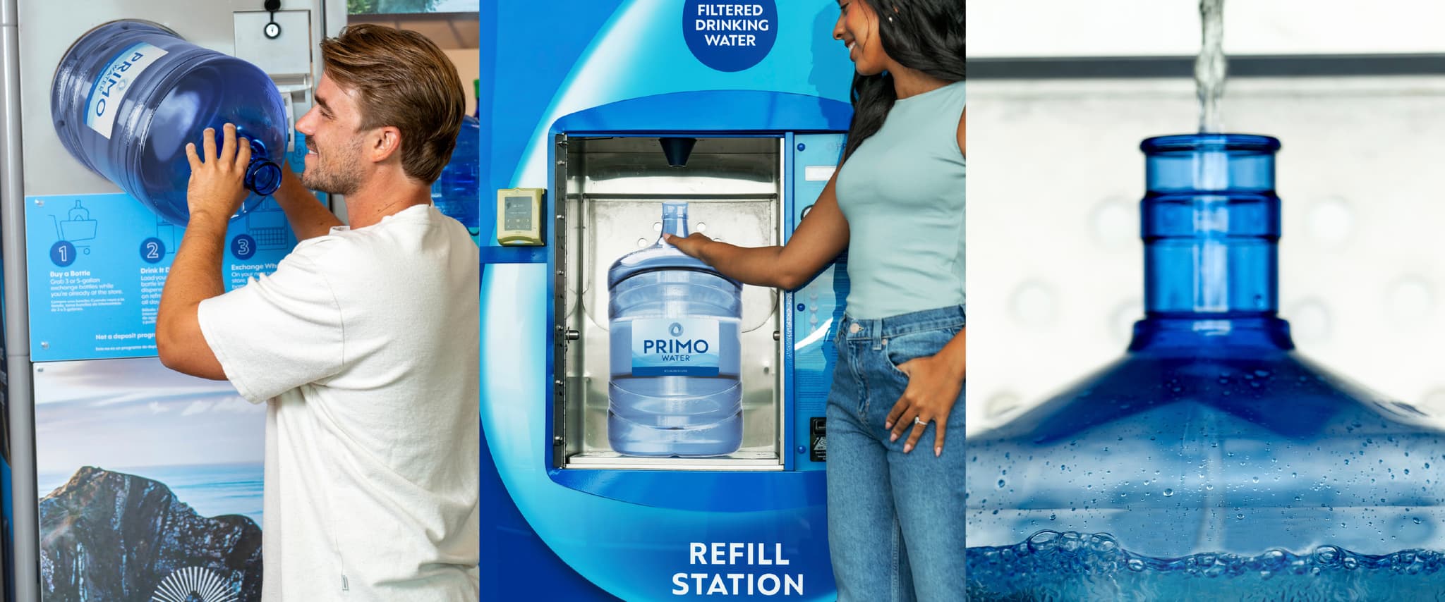 People refill large blue water jugs at a Primo Water drinking water refill station, demonstrating the steps involved in the process.