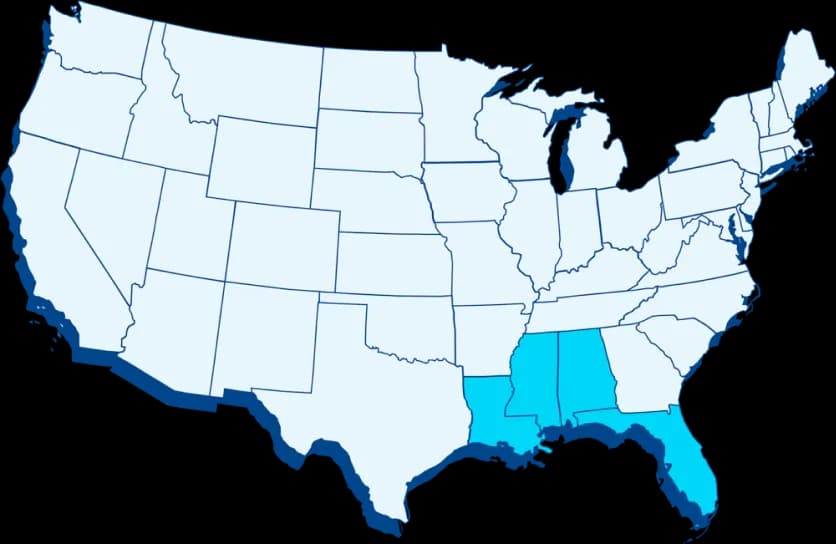 Kentwood Springs Water Delivery United States Map with Florida, Alabama, Mississippi and Louisiana highlighted