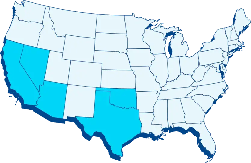 Sparkletts water delivery map of the United States featuring California, Nevada, Arizona, Oklahoma and Texas