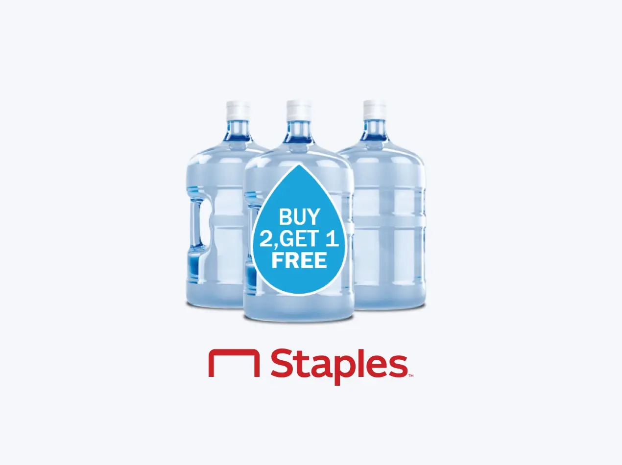 Refreshing 5-gallon water bottles offer for Staples customers.