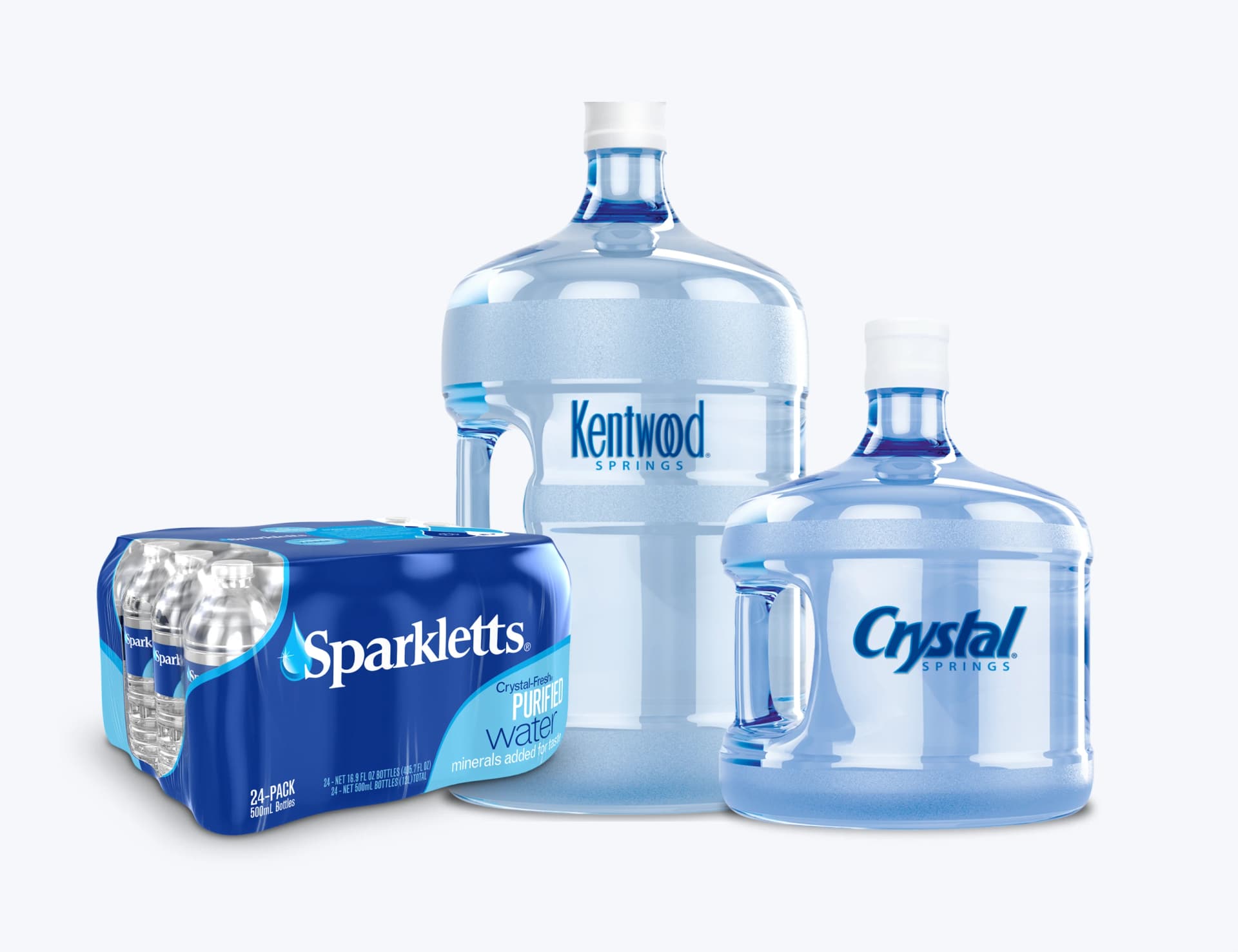 A 24 pack of Sparkletts Purified Water and Kentwood Spring and Crystal Springs 3 and 5 gallon bottles.