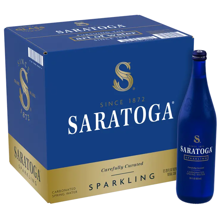 Saratoga Sparkling Spring Water, Glass Water Bottle, 28 Oz, (Pack of 12)