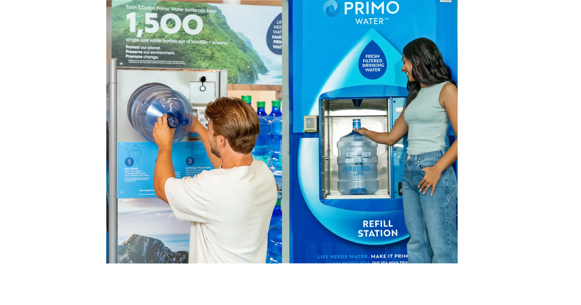 Two people refill 5-gallon water bottles at a Primo Water station, emphasizing eco-friendly solutions with signs promoting reduced plastic waste.