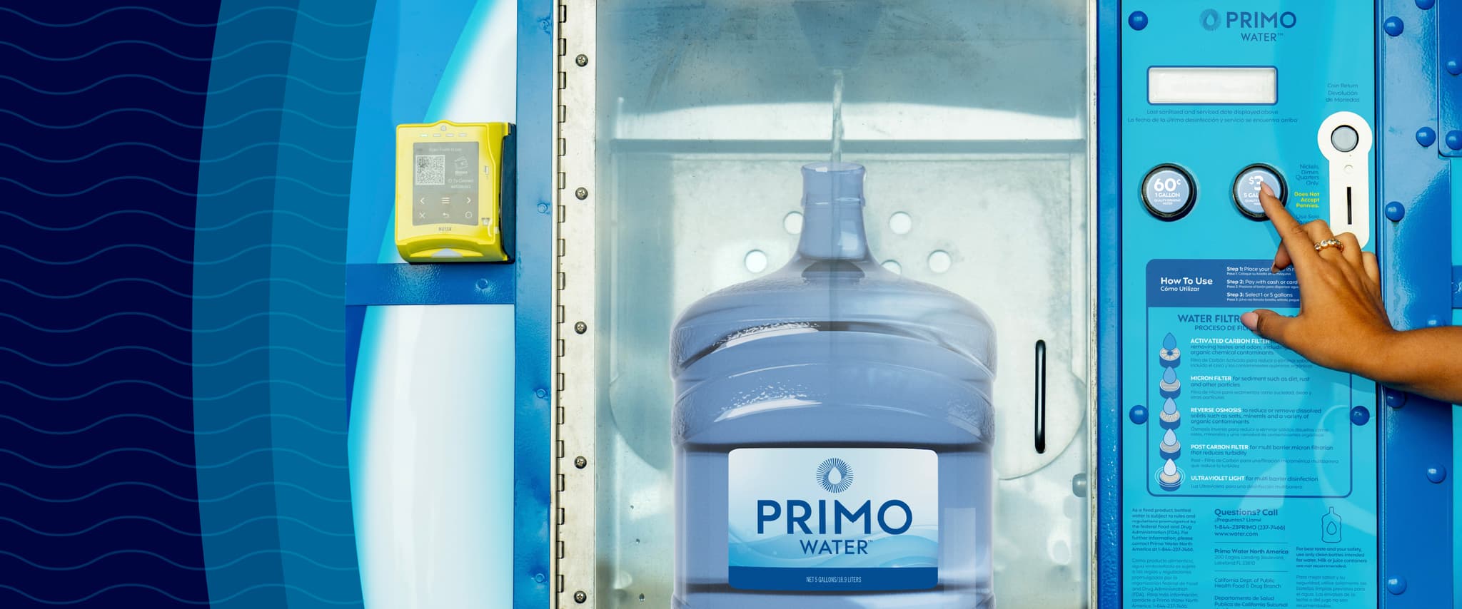 Person refilling a Primo Water jug at a vending machine, with buttons and controls visible on the right.