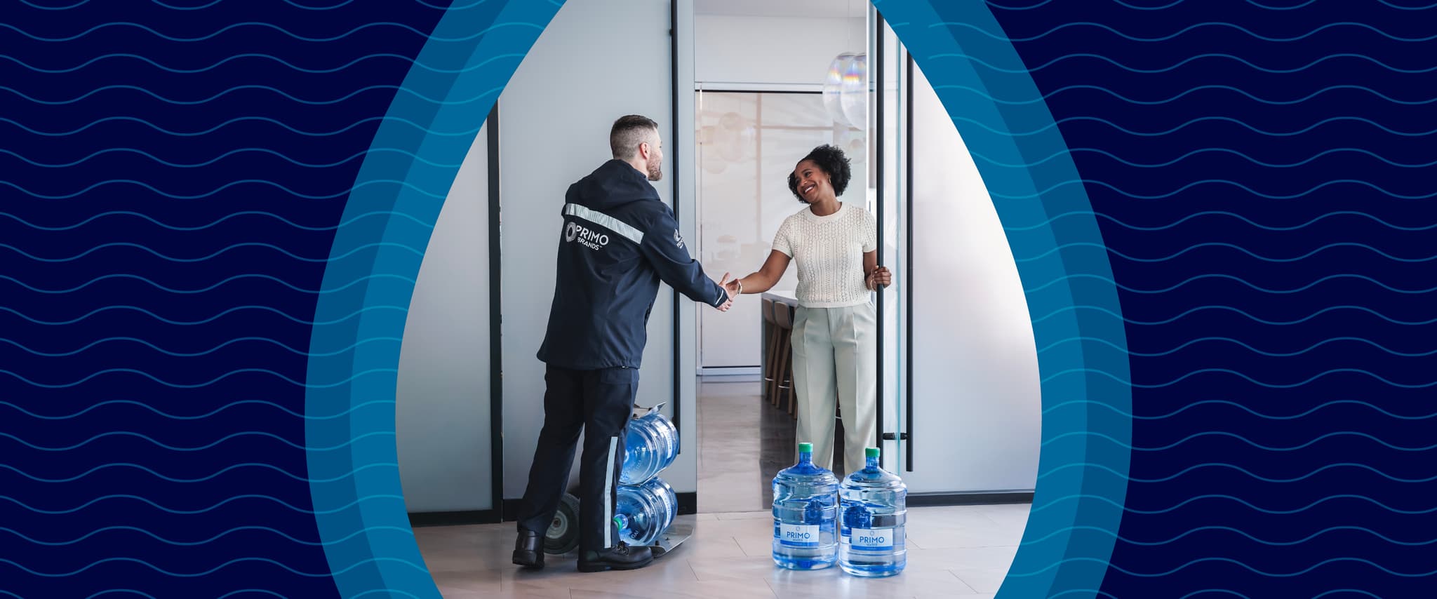 Delivery person handing bottled water to a woman in an office, framed by a wave-patterned design.