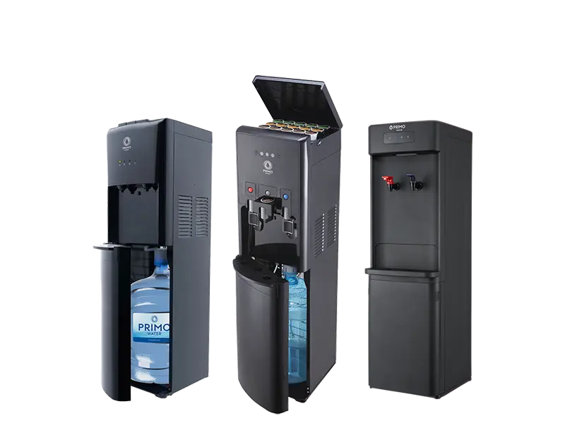 Three black water dispensers with top-loading and bottom-loading designs, equipped with hot and cold spouts.