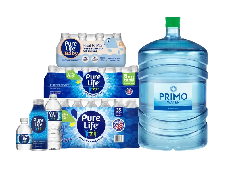 Pure Life purified water case packs and Primo purified 5 gallon water bottle