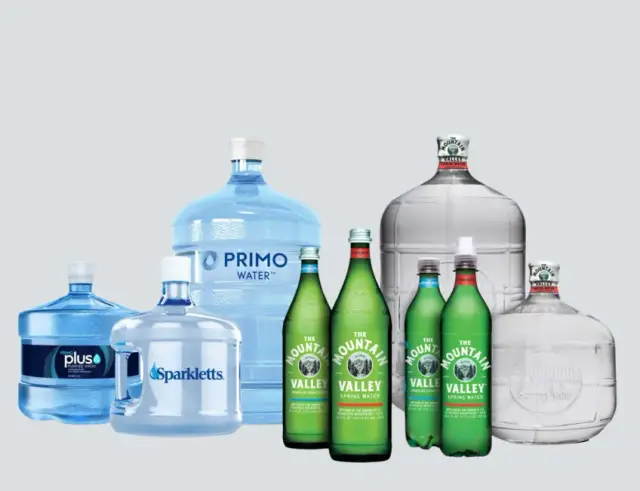 Primo Water brands refillable water jugs, bottles, and case packs including Plus, Sparkletts and Mountain Valley