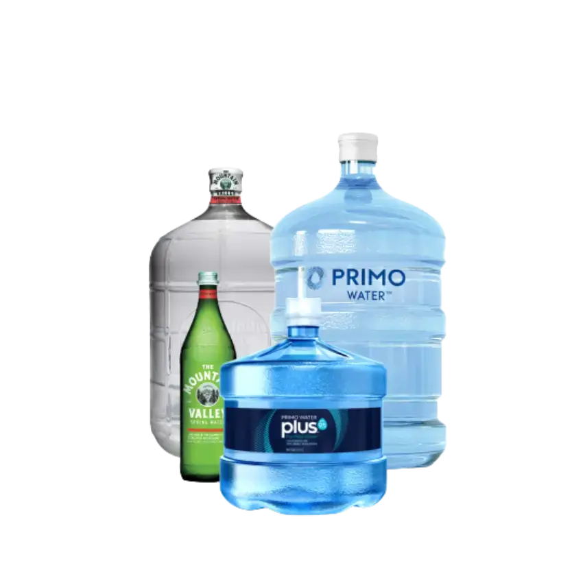 4 bottles of water including 5 gallon, 3-gallon, and 1 Liter