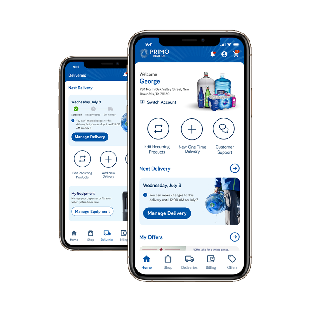Smartphone displaying a delivery management app interface with options for managing deliveries, equipment, and offers, set against a radial burst background.