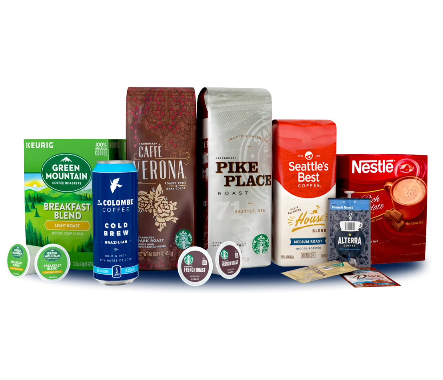 Primo Water Coffee and Tea includes brands  Green Mountain Coffee, Starbucks, Colombe, Alterra, Seattle's Best, and Nestle