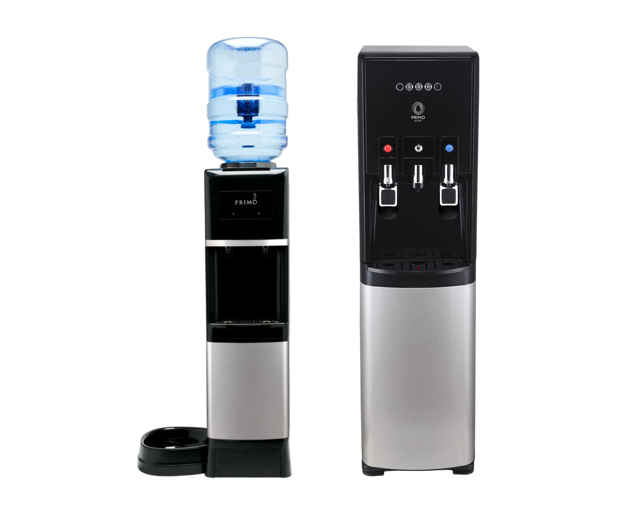 Primo Specialty Water Dispensers including dispensers with pet stations or with a single-serve brewer machine built-in.