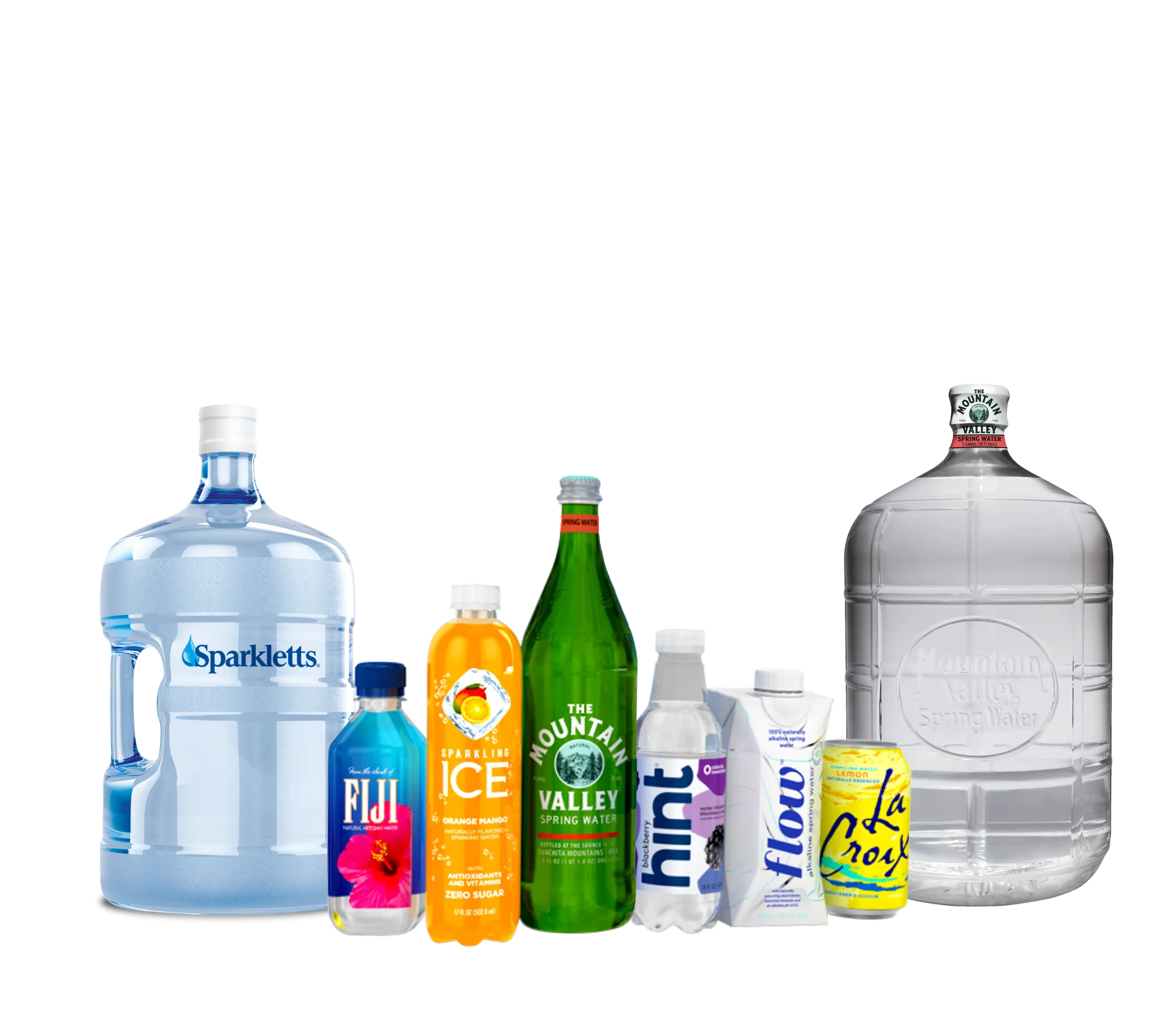 Brands delivered by Primo Water including Sparkletts, The Mountain Valley, Fiji, Sparkling Ice, Hint, Flow, and La Croix.