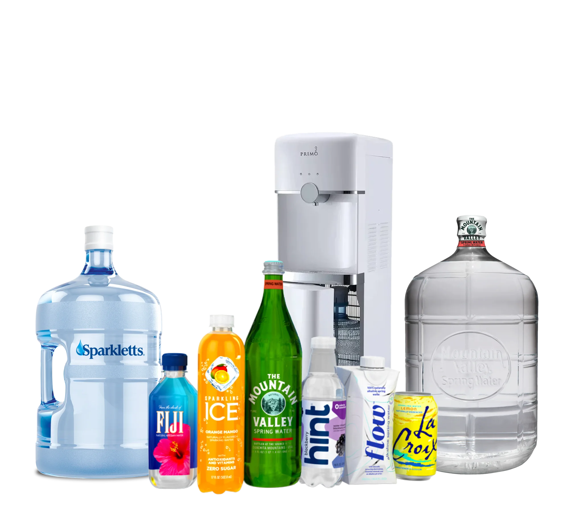 Our selection of Primo Water Dispensers, Large Bottled Water, Water Case Pakcs, and Sparkling Water.
