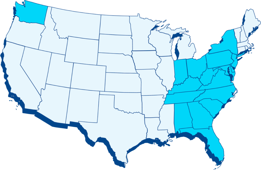 Crystal Springs water delivery map United States eastern region and Washington state