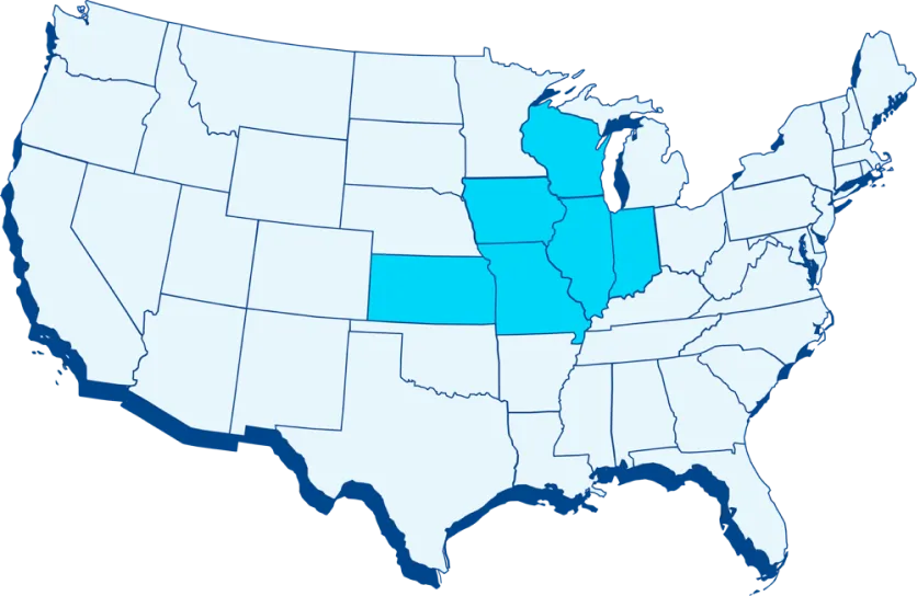 Hinkley Springs Water Delivery United States Map with Indiana, Illinois, Wisconsin, Iowa, Missouri and Kansas highlighted