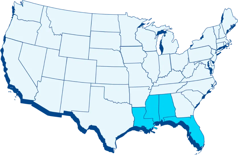 Kentwood Springs Water Delivery United States Map with Florida, Alabama, Mississippi and Louisiana highlighted